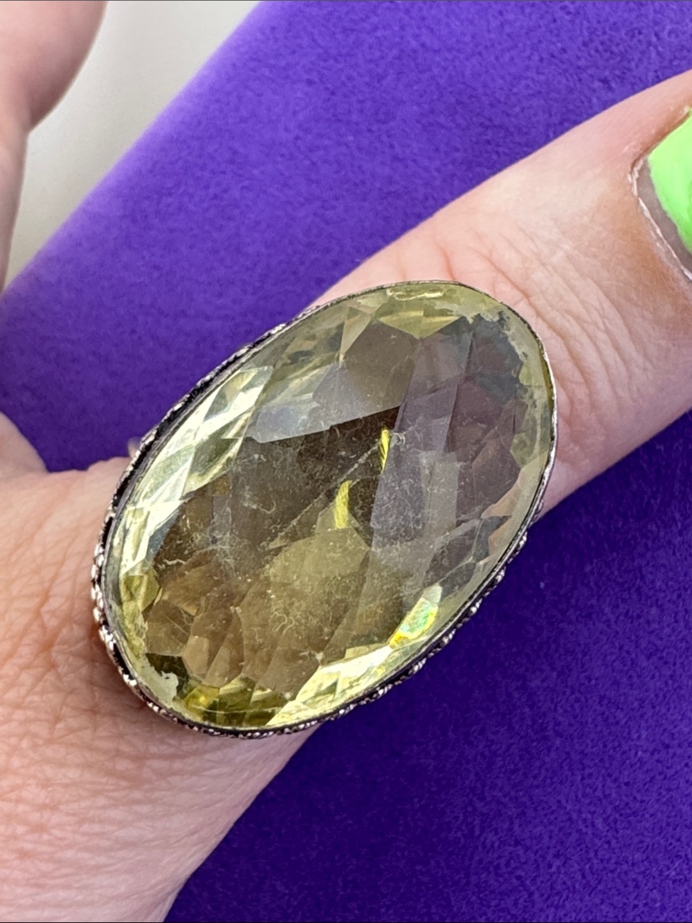💛 Classic Sterling Silver Plated Yellow Oval Faceted Statement Ring
